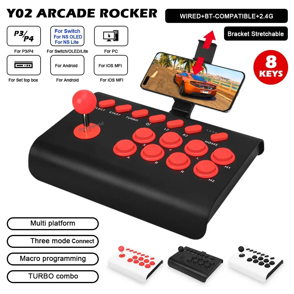 Y02 Arcade-Joystick für PS4/PS3/Xbox One/Switch OLED/Android/iOS, kabelgebundener und kabelloser Street Fighter-Controller mit Makro-/Turbo-Funktion