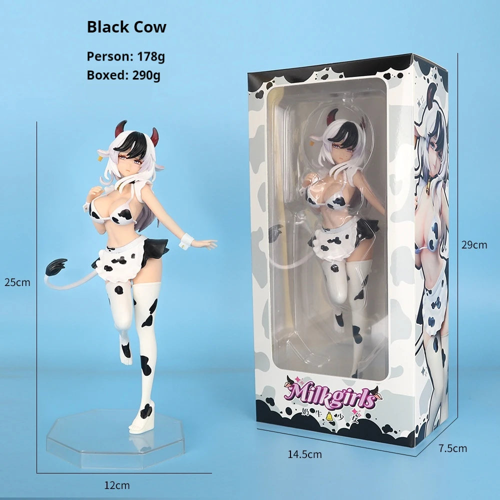 25cm Black And Pink Cow Maid Cartoon Girl Figure Model Statue Boys Collection Desktop Decoration Ornament Toys Gifts