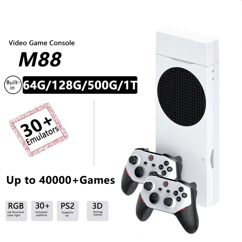 Video game console M88 with controllers on a white background, featuring LZAKMR branding.