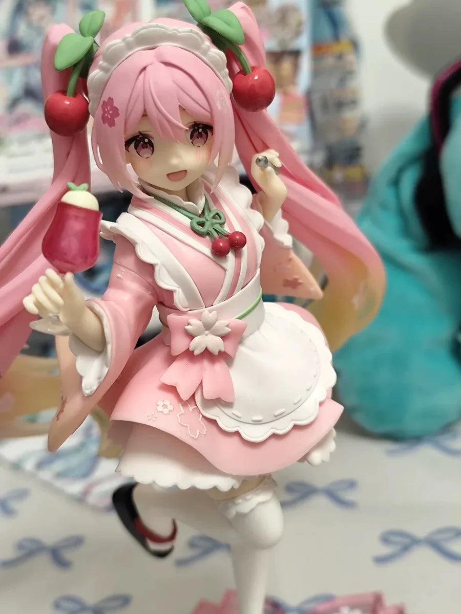 New 19cm Anime Hatsune Miku sakura Maid costume Standing posture Action Figure PCV Model statue Desktop ornament doll toy Gifts