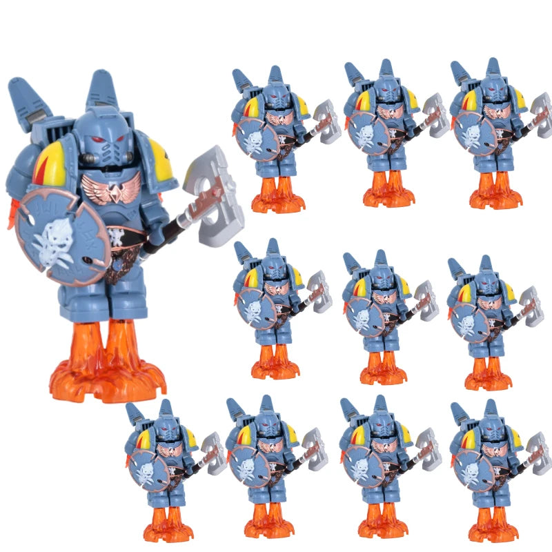 Medieval Knights War 10cm Poseable Collectible 40K Figure - Blue-Gold Armor Skull Face Design