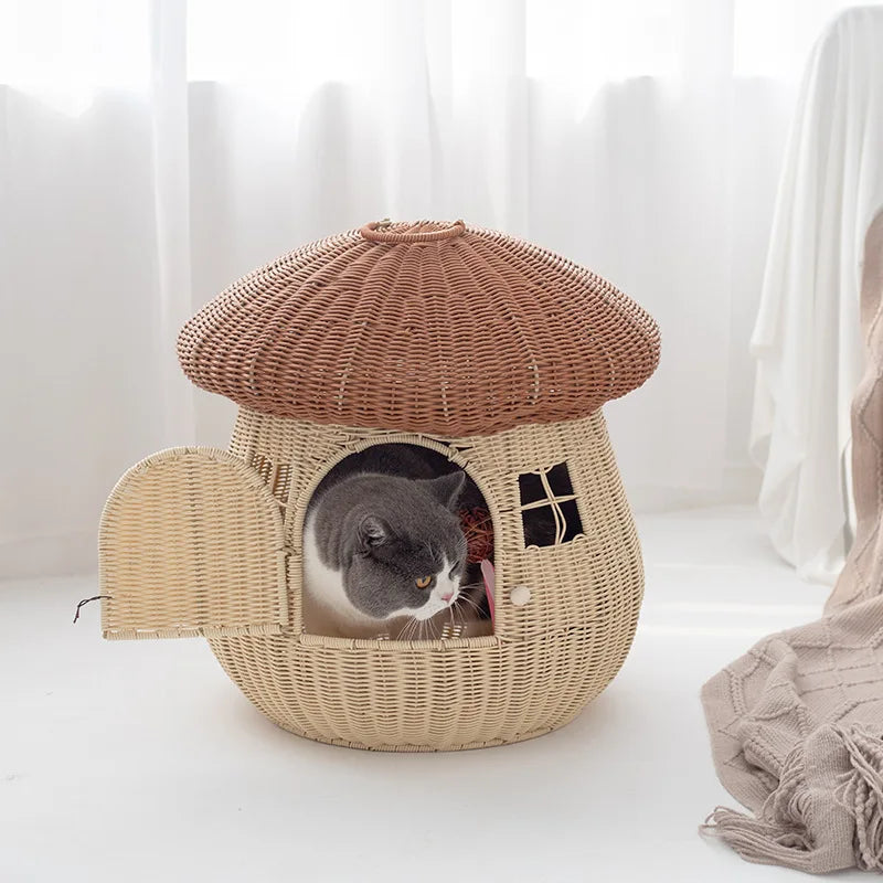Hanging Rattan Mushroom Pet House | Enclosed Cat Dog Bed with Anti-Slip Mat | Portable Indoor Outdoor Boho Pet Furniture