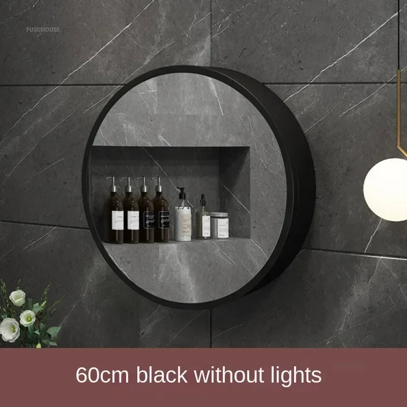 Nordic LED Smart Bathroom Mirror Cabinets Solid Wood Oval Bathroom Wall Hanging Round Vanity Mirrors with Storage Shelf b