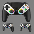 Black gaming controller with colorful buttons on a white background