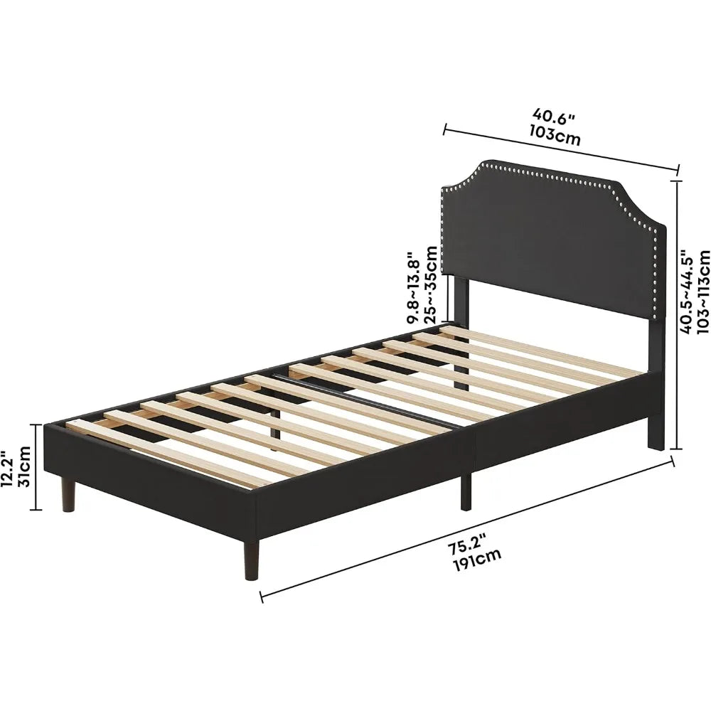 LIKIMIO Upholstered Platform Twin Bed Frame with Nailhead Trim Headboard, Height Adjustable, No Box Spring Needed, Noise-Free, G