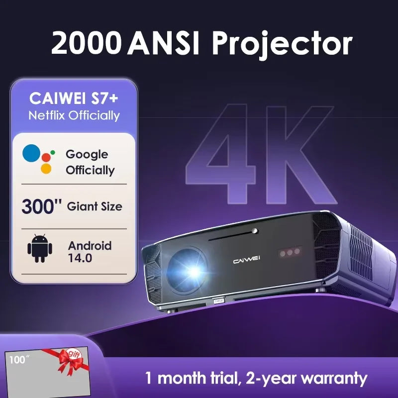 CAIWEI S7+ [Netflix Officially-Licensed] Android 14 4K Ultra HD Home Projectors for Movies Auto Focus Dolby 2000 ANSI Projector