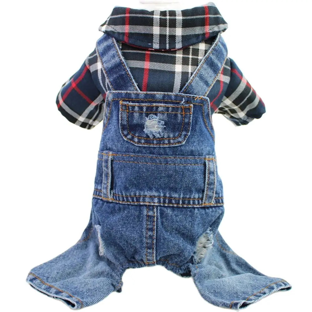 Hund Katze Denim Plaid Jumpsuit Hoodie Haustier Welpen Jean Jacke Frühling/Herbst Kleidung Bekleidung 4 Farben