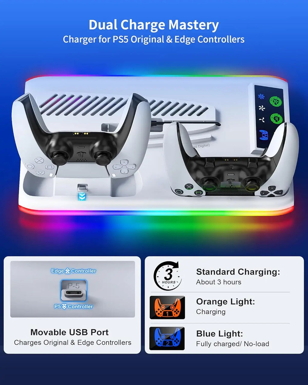 For PS5/Slim/Pro Cooling Stand with LED Controller Charging Station, 3-Gear Cooling Fan for PlayStation 5 Console Accessories