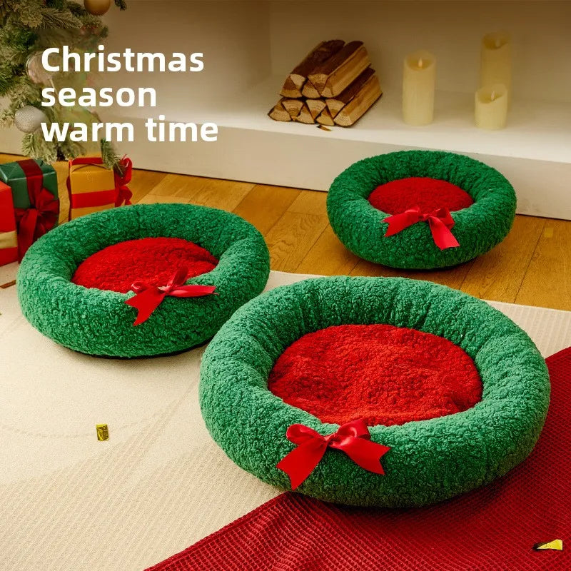1pcs Christmas Cat Bed with Lamb Wool Thermal Semi-Enclosed Pet House for Cats Dogs Cozy Snooze Bed Winter Warm