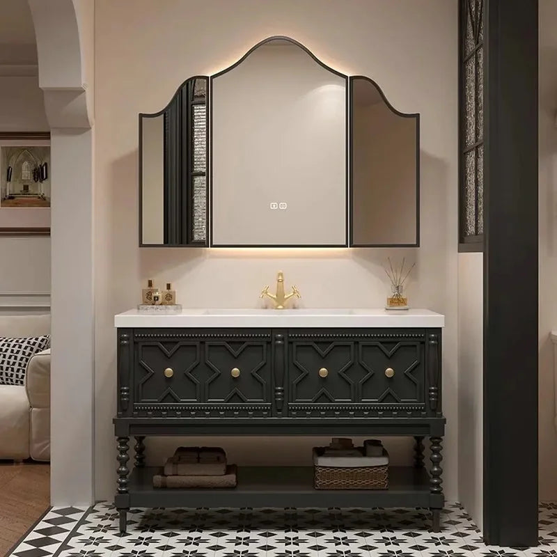 Customized Solid Wood Bathroom Vanity with Sintered Stone Sink, Toiletries Storage, and Smart Mirror Cabinet Package