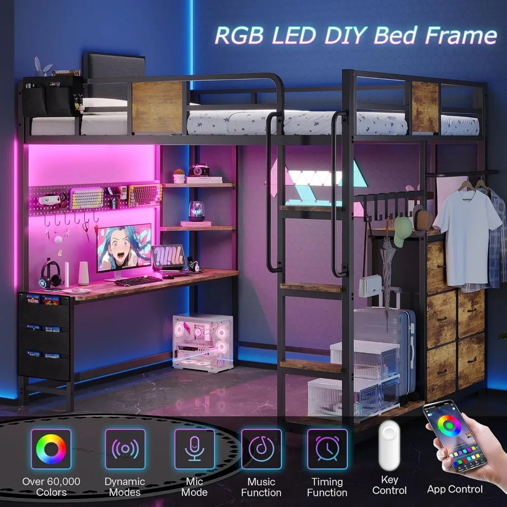 Loft Bed with Desk Full Size,Full Size Bed Frame with 6 Storage Drawers, 2 Bedside Organizer,6 Movable Hooks,LED Lights & Chargi