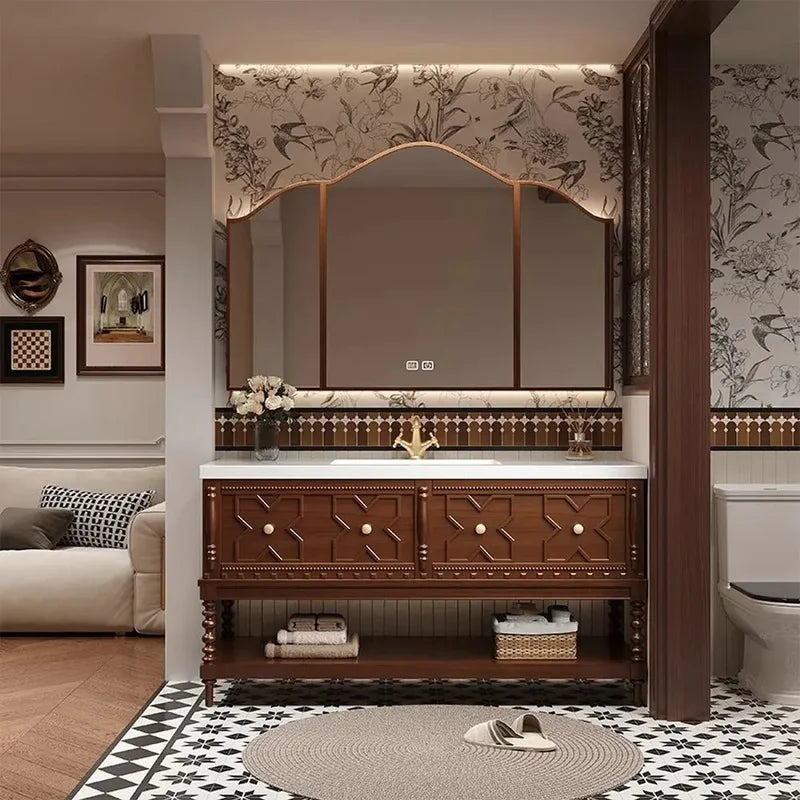 Customized Solid Wood Bathroom Vanity with Sintered Stone Sink, Toiletries Storage, and Smart Mirror Cabinet Package