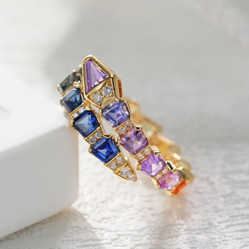 BELLUX Fine Jewelry Customized 18k Gold Material Set Natural Colored Gemstone Snake Shaped Full Diamond Ring