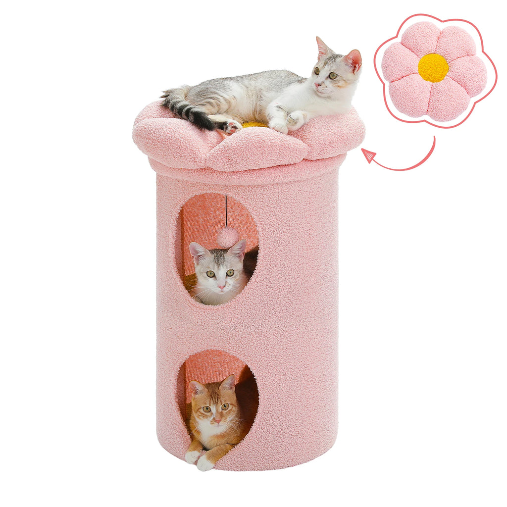 Flower Cat House with Pompom Ball, Double-Deck, Large Cat Condo, Bed with Soft Flower Perch, Spacious Cozy Condo for Multi Cats