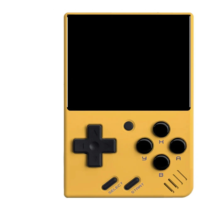 Yellow portable retro game console with features listed on a white background