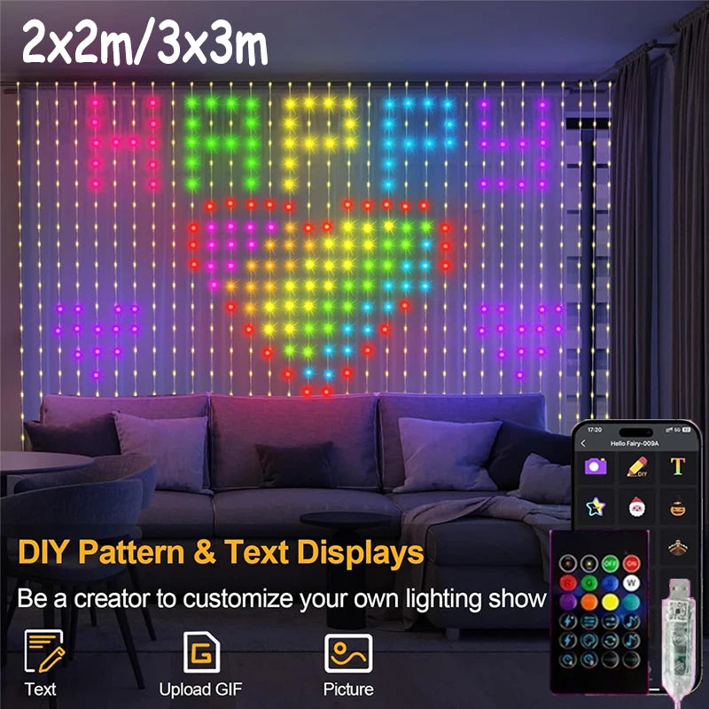 Smart RGB LED Curtain Lights RGB LED String Light AppControl USB DIY Text Animation Display Music Sync for Christmas Party Decor