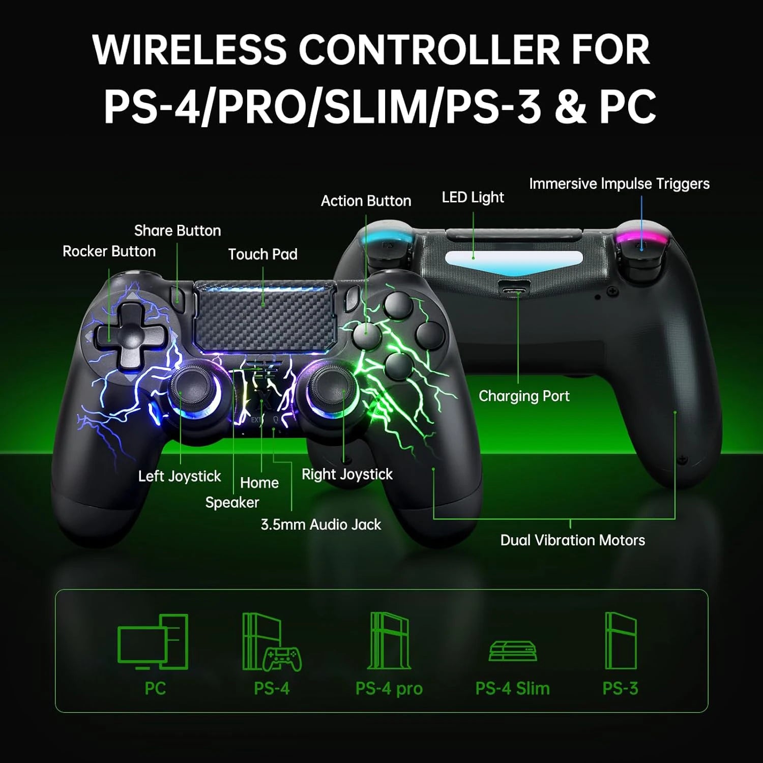 Wireless Controller BG-4 for PS4 with Touch Pad,Hall joystick,9 Lights&3.5MM Audio Jack,Wireless Controller for PS4/PS3/PS5