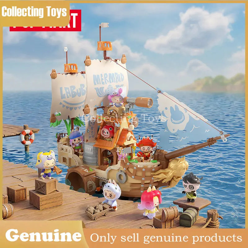 Genuine Pop Mart Labubu Themonsters Chasing Mermaids Series Blocks Fish Boat Puzzle Toys Pirate Ship Building Set For Collectors