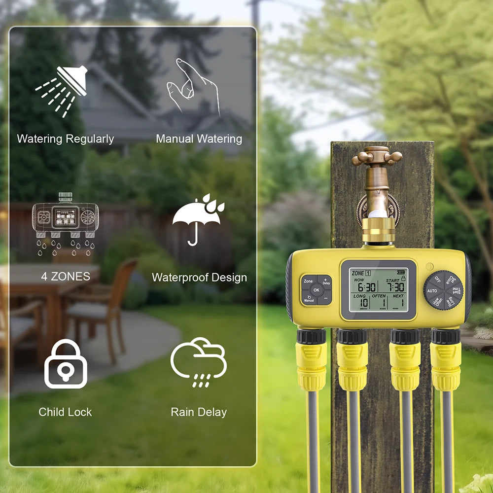 Digitaler Wassertimer, 4-Ausgänge, Gartenbewässerungstimer, Regenwassersensor, Bewässerungssystem, Präzisions-Zeitsteuerung