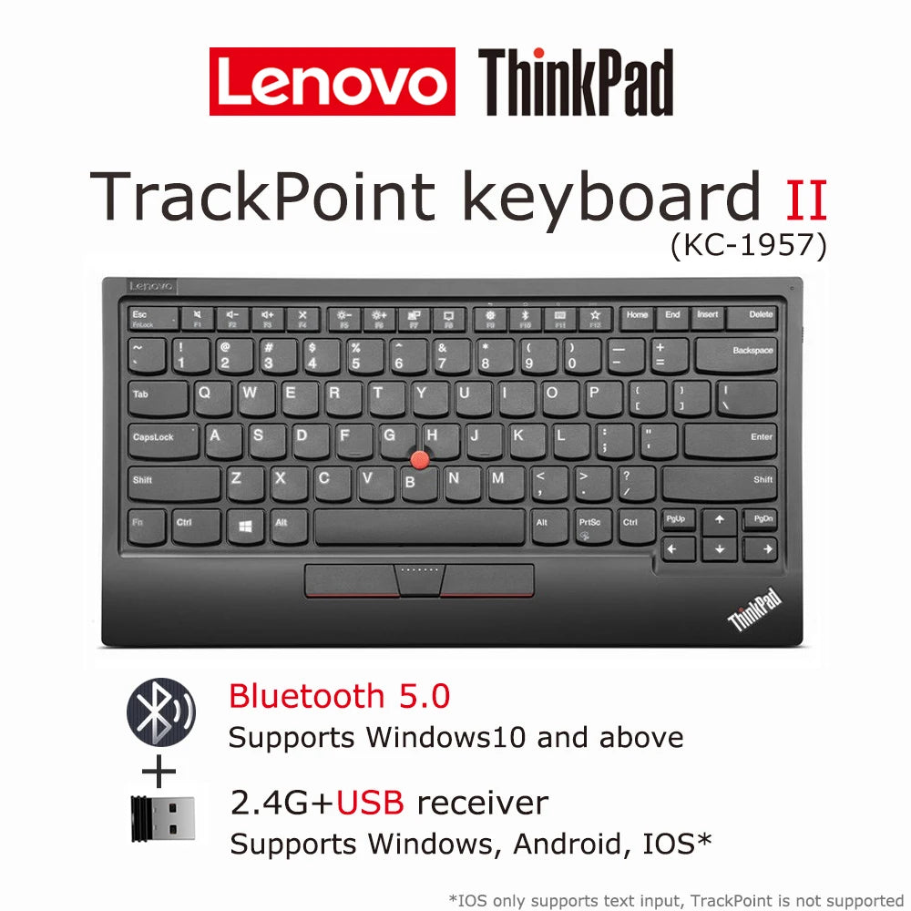 Lenovo ThinkPad TrackPoint Keyboard 2 II  Dual-mode Bluetooth 2.4G Wireless Windows Android iOS For PC Tablet Laptop 500mAh
