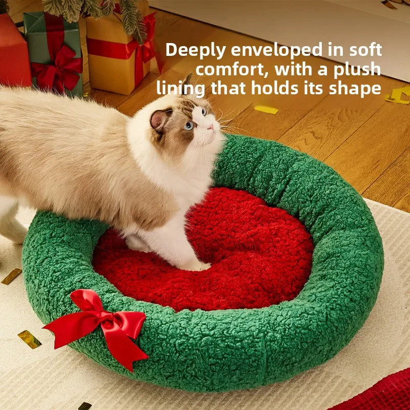 1pcs Christmas Cat Bed with Lamb Wool Thermal Semi-Enclosed Pet House for Cats Dogs Cozy Snooze Bed Winter Warm