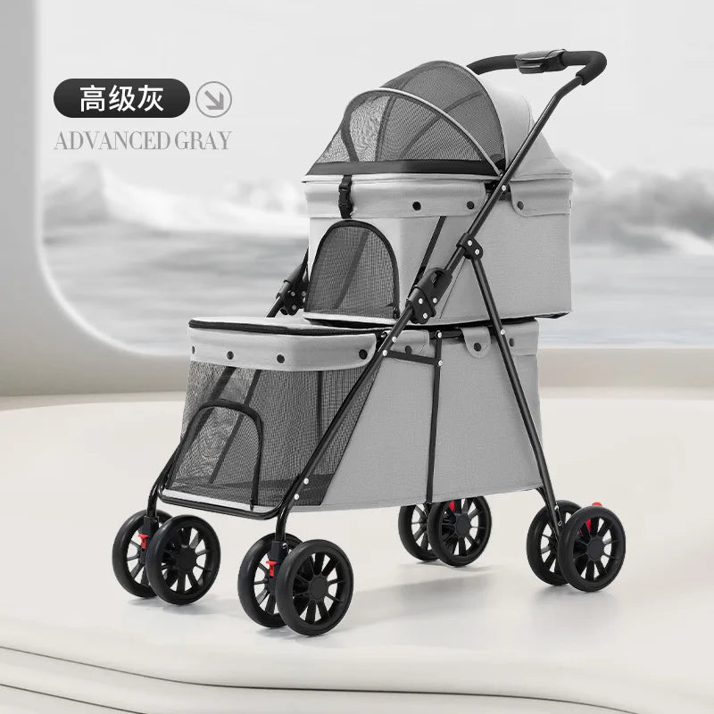 Double Layer Foldable Pet Stroller for Small Dogs Cats Lightweight Portable Outdoor Pushchair with Mesh Window Travel Carrier