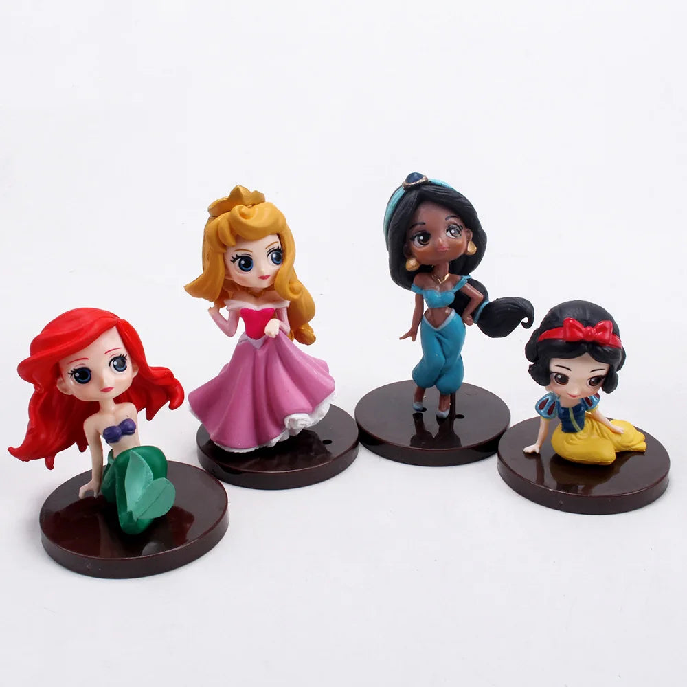 8pcs/set Disney Q Version Princess Cartoon Figures Doll Toys Snow White Rapunzel Ariel Cinderella Belle Mermaid Model Decoration
