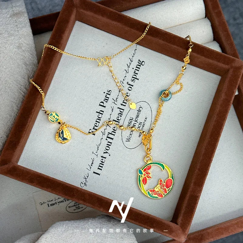New Chinese Style 9999 24K Real Gold High Enamel Flowers Butterfly Pendant Necklace Design Orchid Butterfly Collarbone Chain