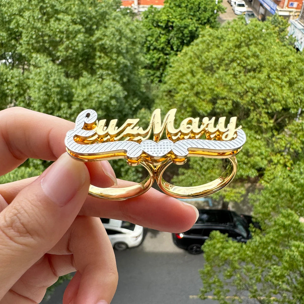 Custom Name Ring Stainless Steel Double Finger Ring Personalized 3D Double Layer Nameplate Women's Ring Jewelry Anniversary Gift