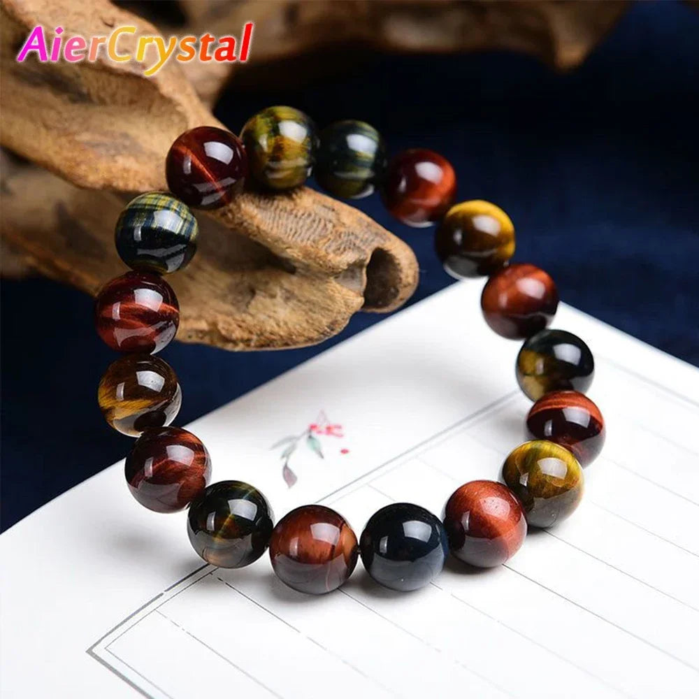 Colored Tiger Eye Bracelet Men and Women Charm Natural Stone Jewelry Healing Buddha Elastic Rope Couple Crystal Bead Bracelet
