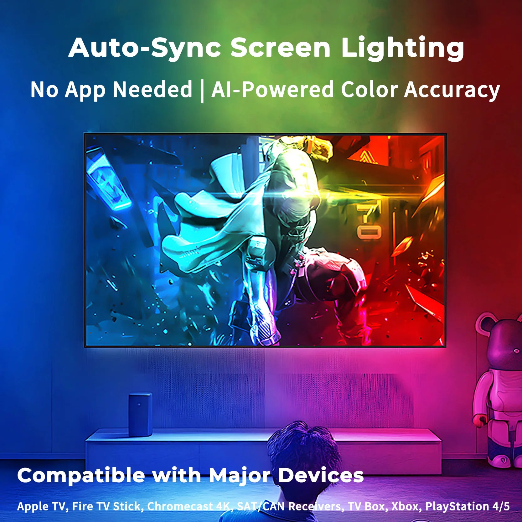 LED HDMI Sync TV Backlight with Dynamic Ambiance Lighting | Works with TV Box/PS5| Plug & Play, 16M Colors, Music & Gaming Mode