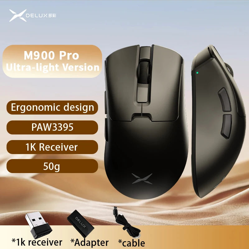 Delux M900PRO Ultra-light Version Wireless Gaming Mouse Ergonomic 1K/8K Polling Rate 50g PAW3395 for Right Big Hand PC Gamer