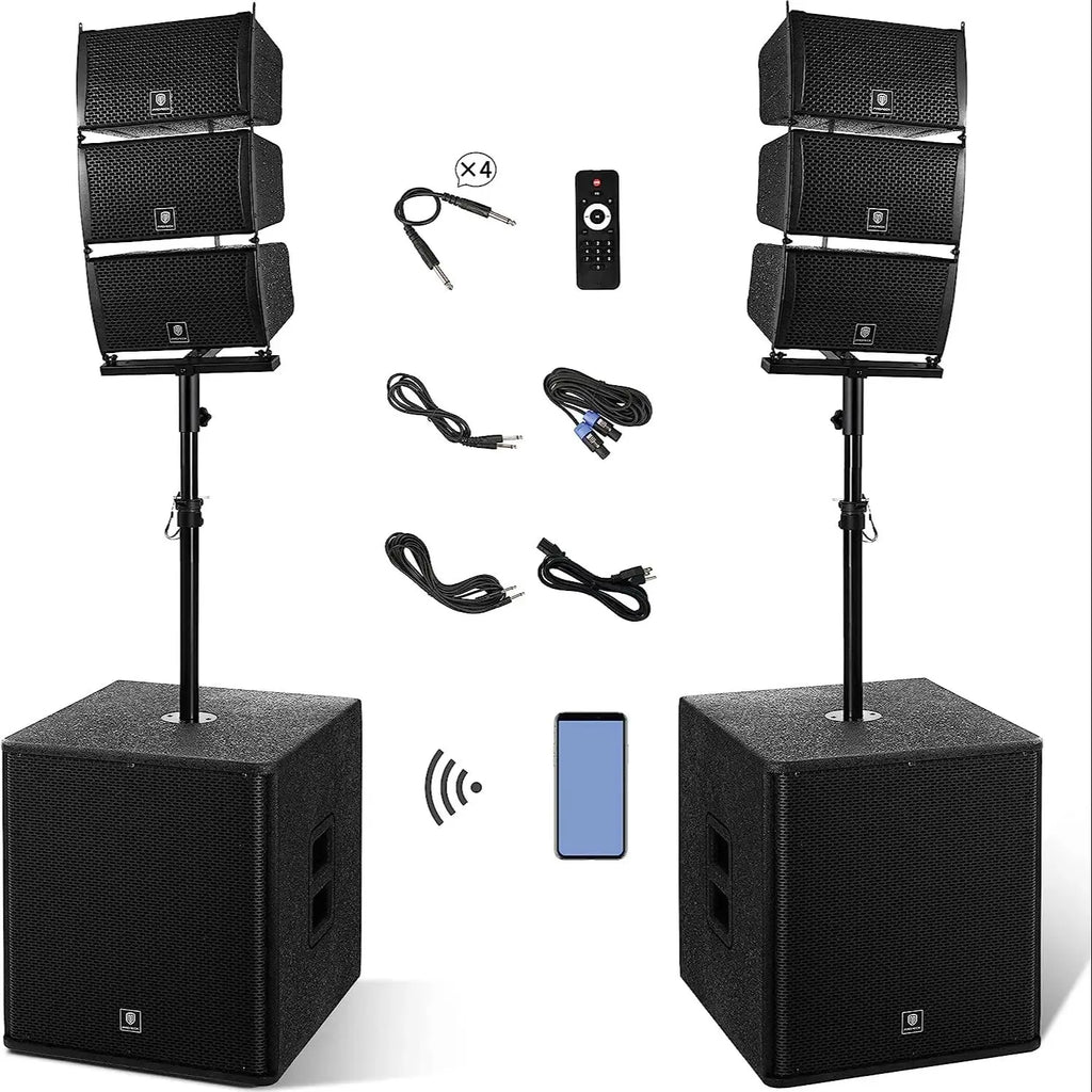 PRORECK 18-Zoll-8000-W-PMPO-Stereo-Bluetooth/DJ/Powered PA-Lautsprechersystem-Kombiset mit zwei Subwoofern und 6 Line-Array-Lautsprechern