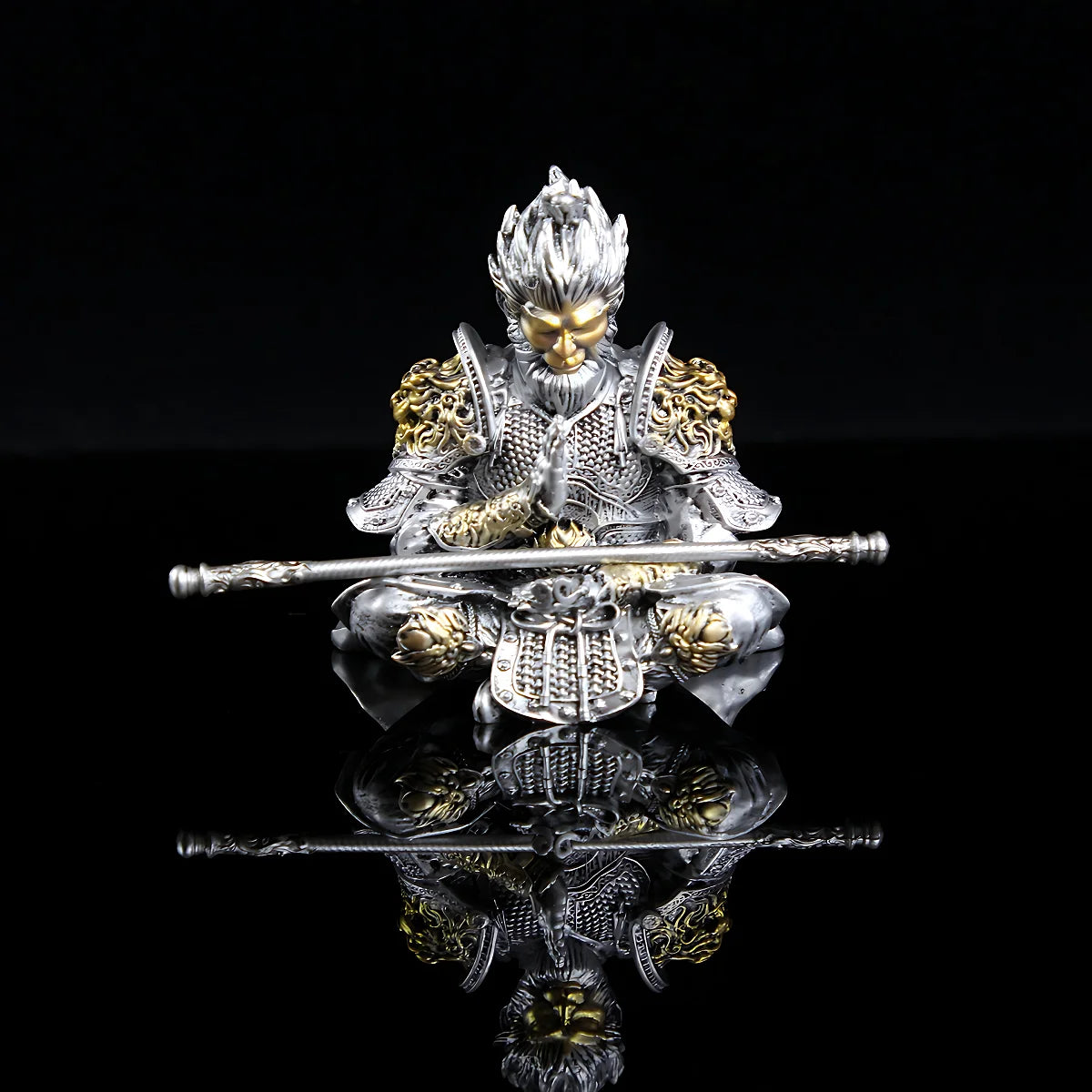Vibrant Monkey King Figurine - 1 Set Hand-Painted Plastic Car Dashboard Ornament with Golden Hooped Staff