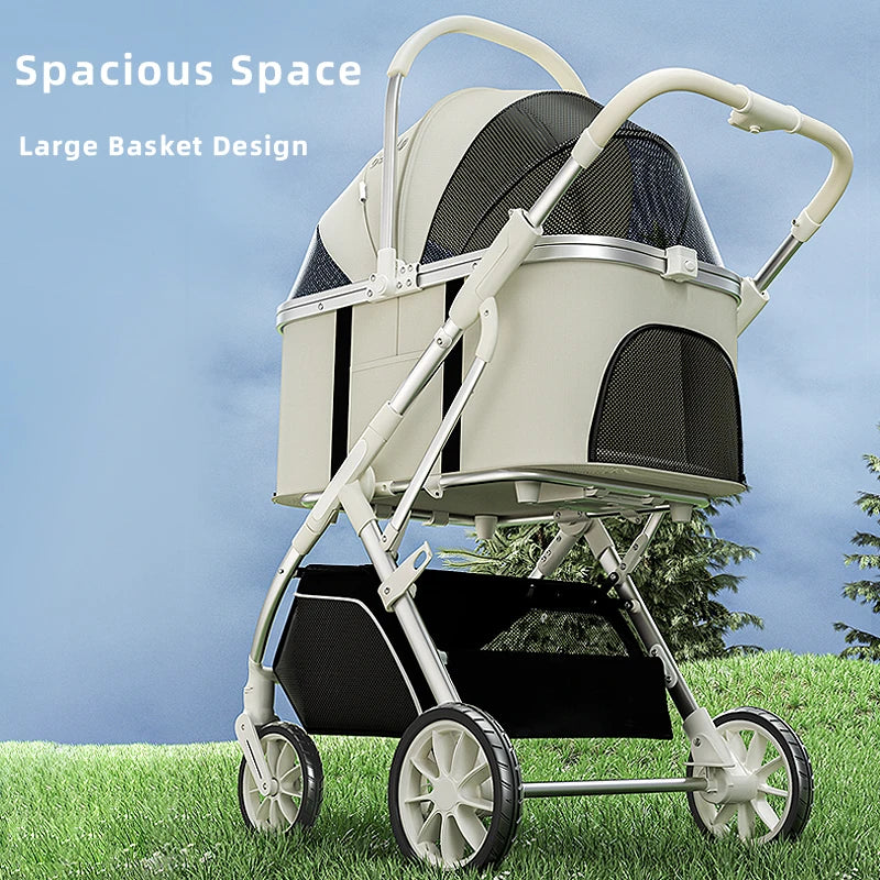 Bello Haustier-Kinderwagen, hohe Sicht, modern, abnehmbar, mittlerer und großer Wagen, Aluminiumlegierung, Katze/Hund, Handschieben, PU-Räder, abnehmbar