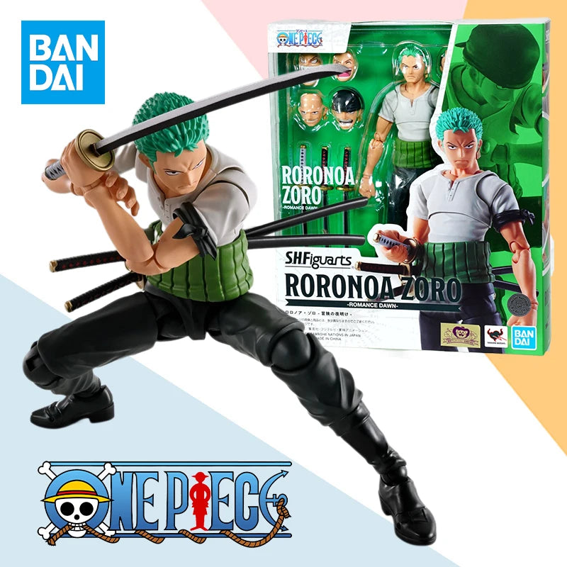 В наличност Bandai Оригинална кутия SHF One Piece Roronoa Zoro Romance Dawn Аниме екшън фигурка Завършен модел Комплект играчка Подарък
