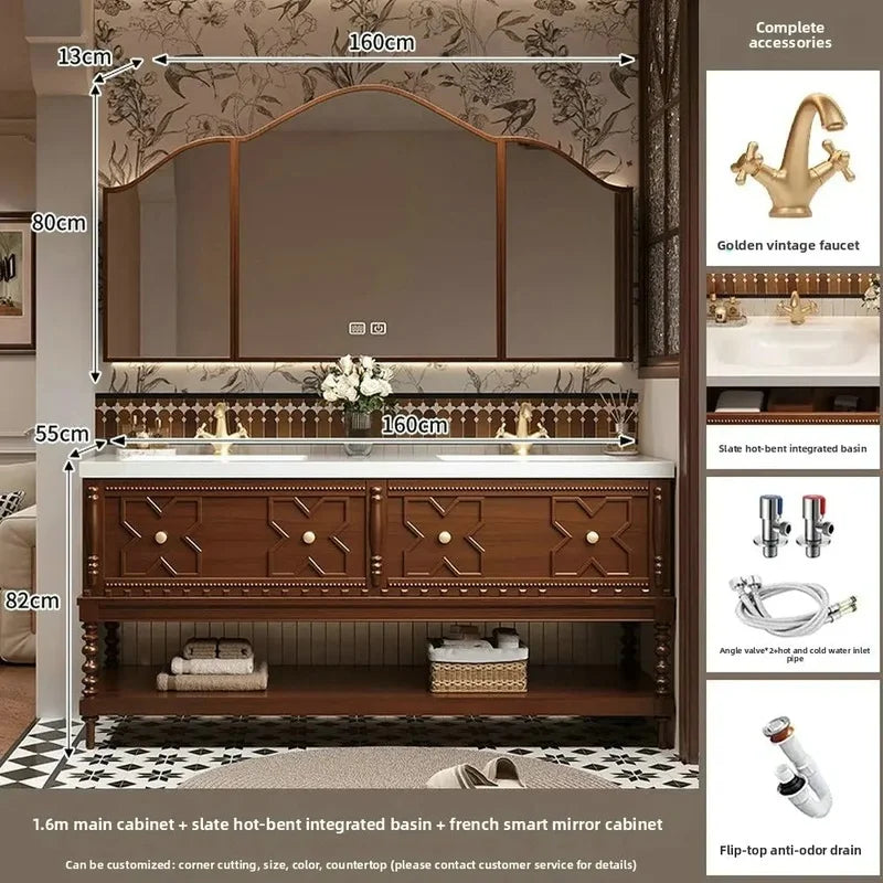 Customized Solid Wood Bathroom Vanity with Sintered Stone Sink, Toiletries Storage, and Smart Mirror Cabinet Package