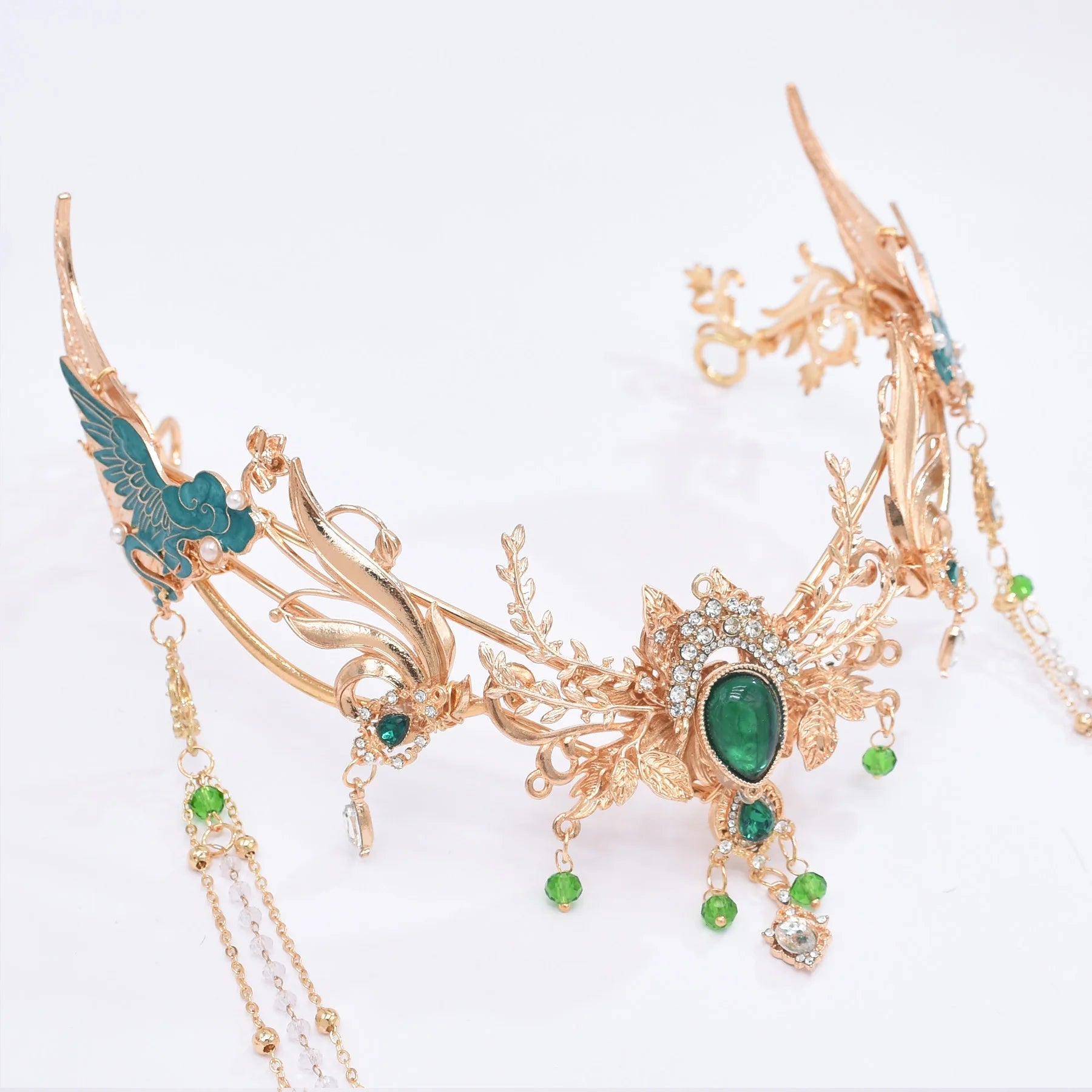 Retro-Haarschmuck im chinesischen Stil, lange Kette, Quaste, Kopfschmuck für Frauen, Blätter, Schnitzerei, grüner Kristall-Inlay-Schmuck