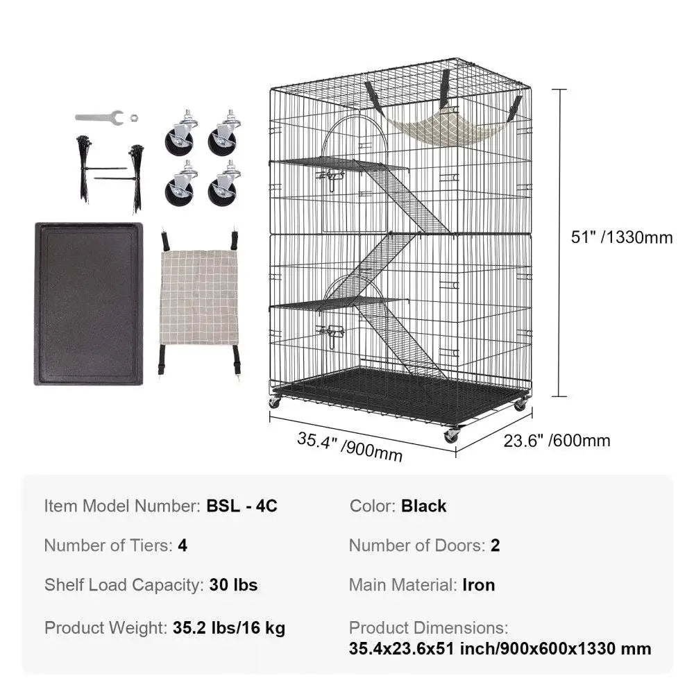 4 Tier Cat Cage Indoor Detachable Metal Playpen Enclosure 360 Rotating Casters 3 Ladders Hammock for 1 3 Cats 35.4x23.6x for 1