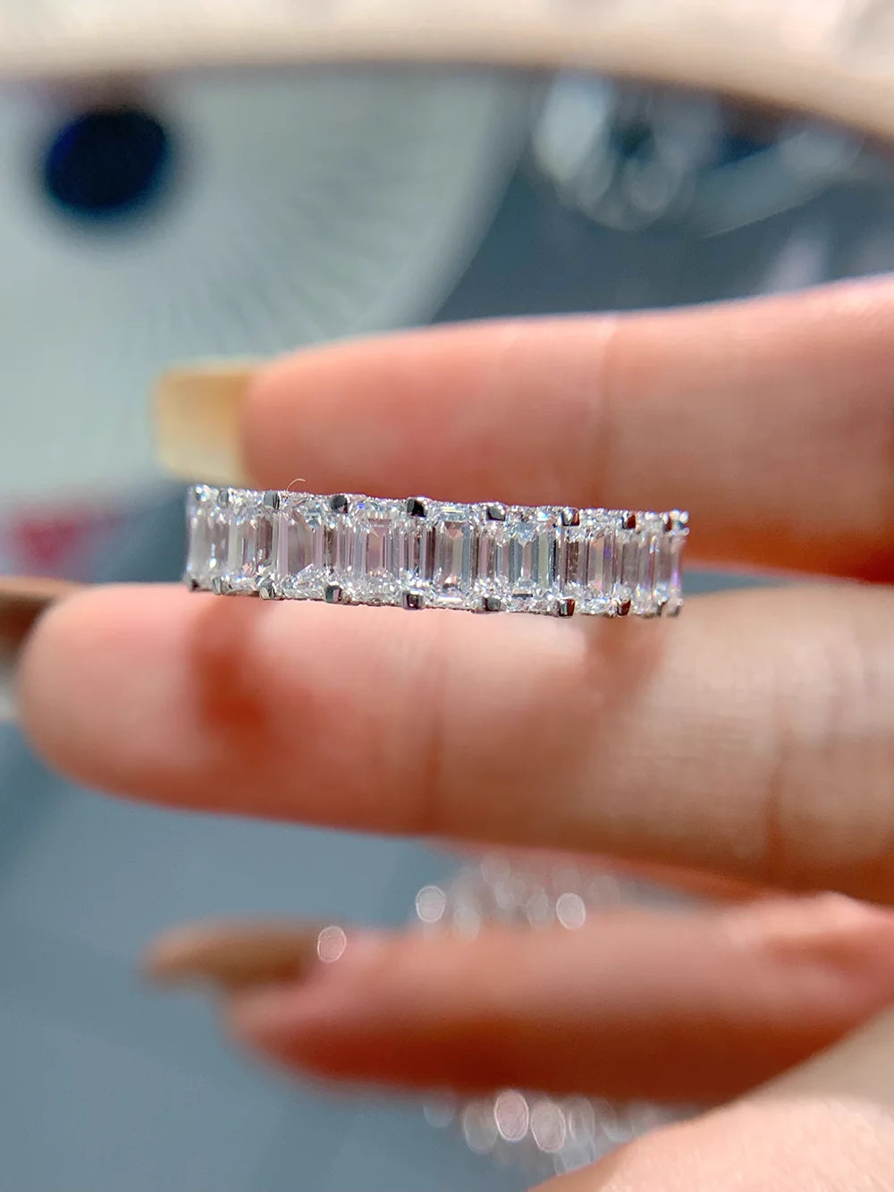 Custom Real Solid 18K White Gold Ring Women Engagement Anniversary Wedding Ring Emerald Moissanite Diamond Ring Eternity Trendy