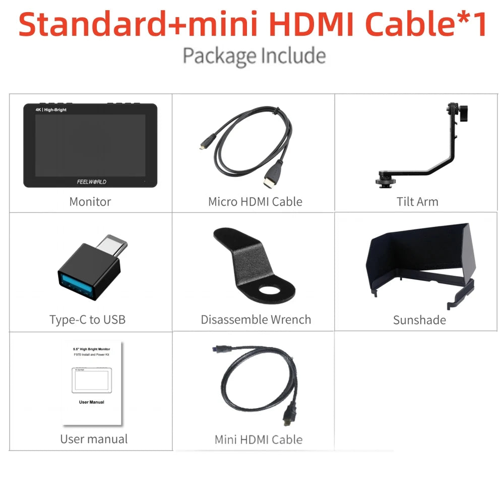 FEELWORLD F5 PROX 5,5 Zoll 1600nit High Bright Touchscreen DSLR-Kamera-Feldmonitor 4K HDMI F970 Installations- und Stromversorgungskit