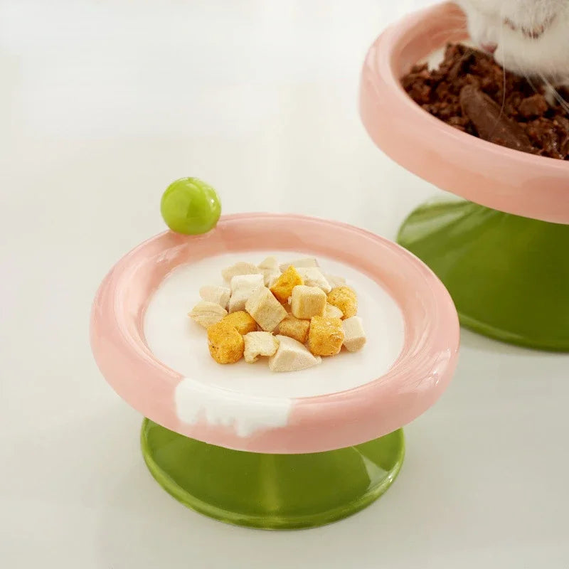 Ceramic Raised Cat Bowl Elevated Food Bowl Water Cat Plate Snack Dish with Stand for Neck Protection Feeding Watering Supplies