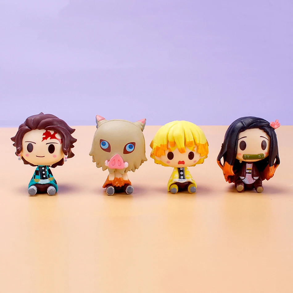 4Pcs/Set Demon Slayer Kimetsu No Yaiba Q Version Sitting Figures Tanjiro Nezuko Zenitsu Inosuke PVC Desktop Ornaments Model Toys
