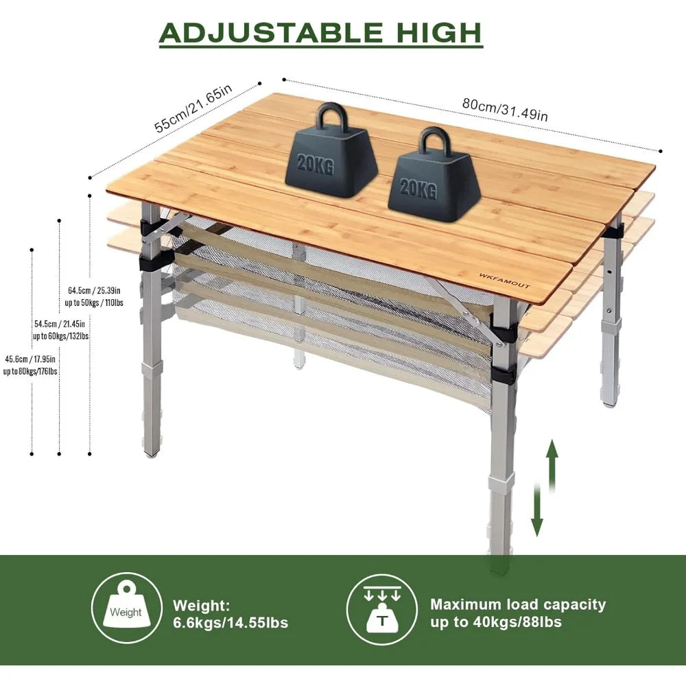 Bamboo Folding Camping Table 4 Folds with Adjustable Aluminum Legs Portable Picnic Table with Storage and Carry Bag for Outdoor