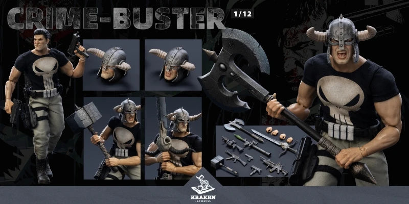 New Kraken Studio 1/12 Crime Buster Posable Action Figure With Cloth Costume Replaceable Helmet Weapons Accessories Gifts Stock