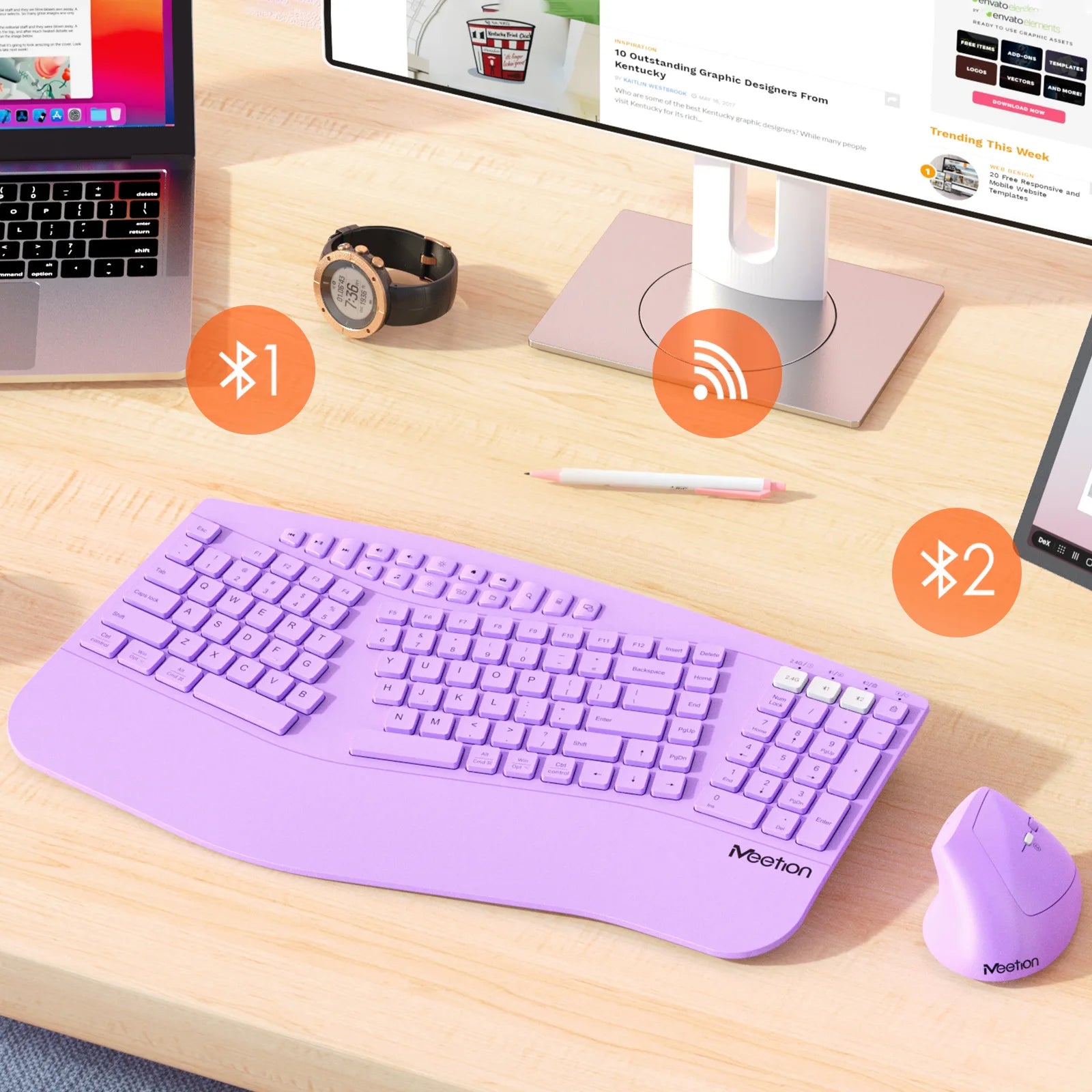 Ergonomische kabellose Tastatur-Maus-Kombination mit Handballenauflage, 2,4-G-Bluetooth-Dualmodus, leisem Klicken, Multimedia-Tasten für Büro/Zuhause