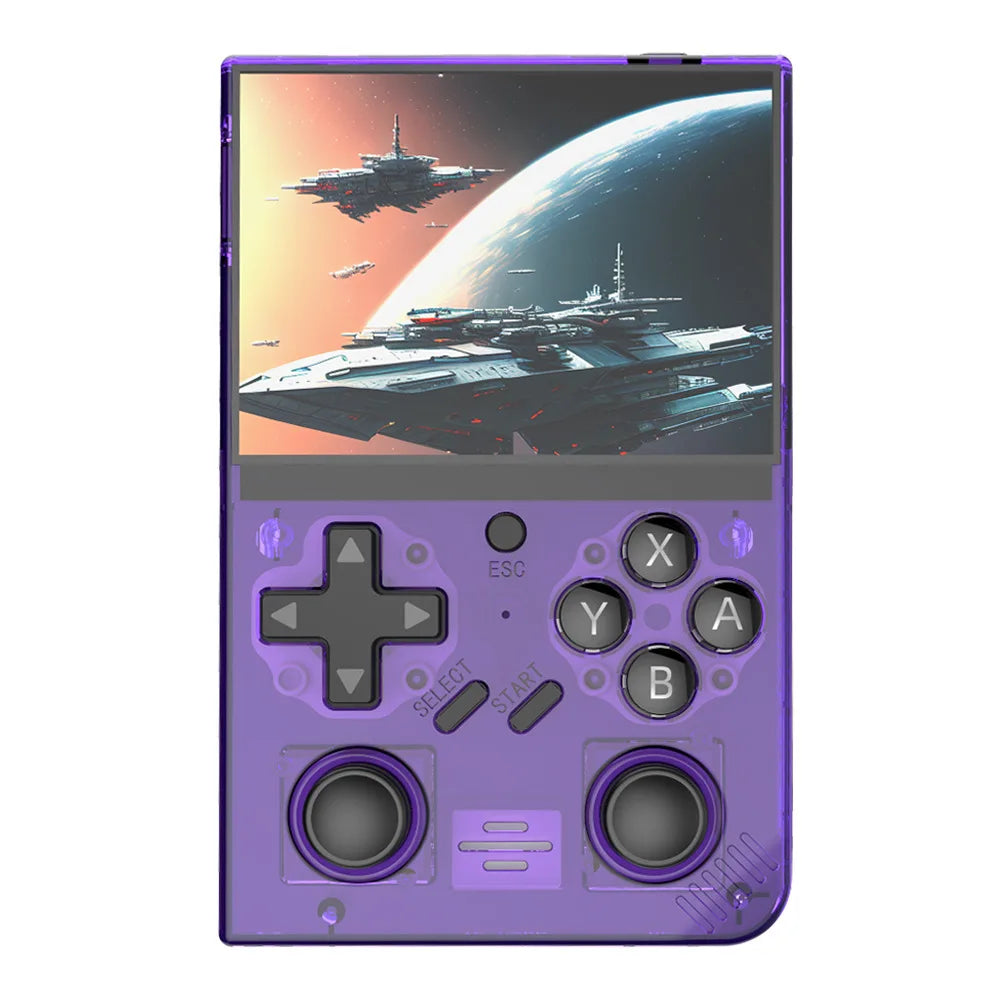 Retro handheld game console. 3.5-inch screen, portable pocket game console with headphone jack, USB charging.
