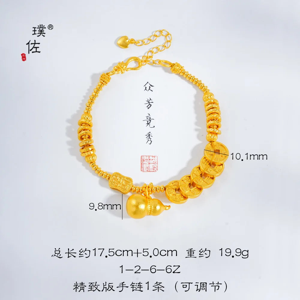 24 Karat AU999 Goldarmband im chinesischen Stil für Damen – Fünf-Kaiser-Münzen, Kürbis-Spiralmuster, klassisch und modisch