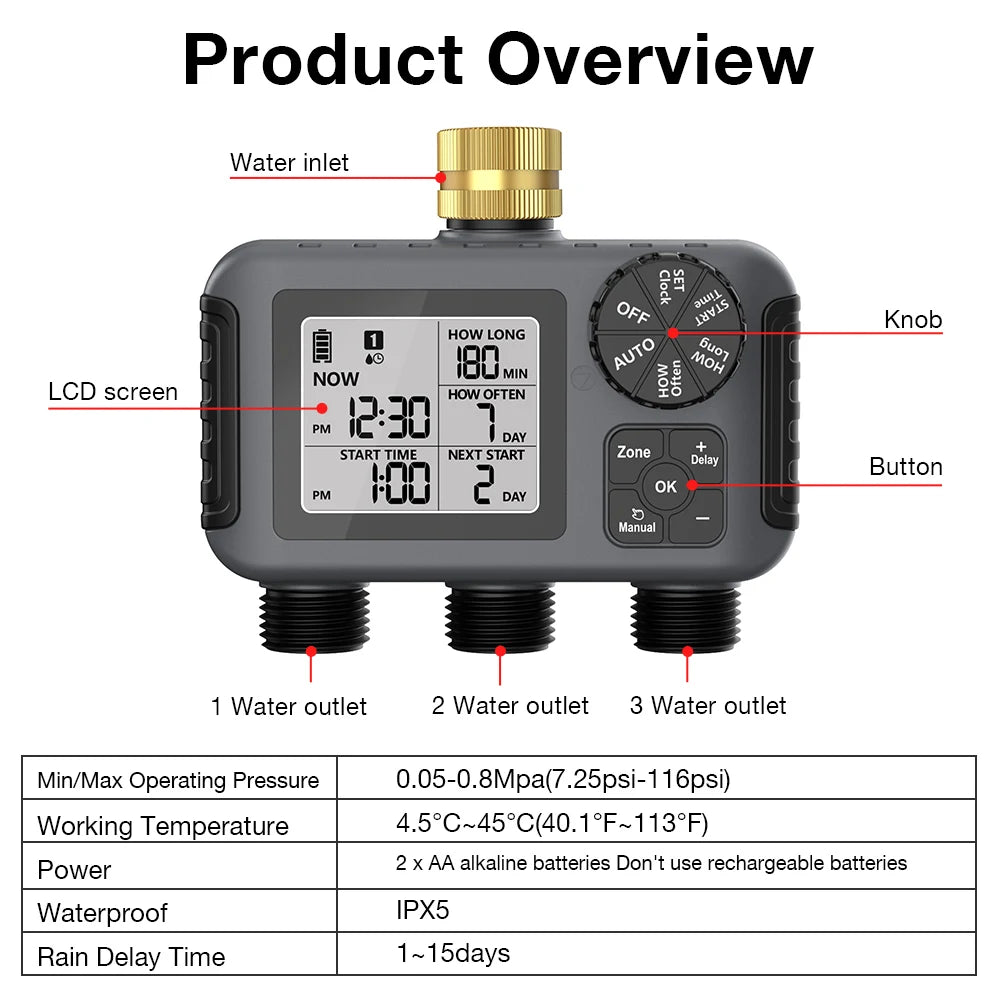 3 Outlets Smart Irrigation Watering System Copper Faucet Hose Sprinkle Automatic Water Timer IPX5 3-Zone Digital Water Timer