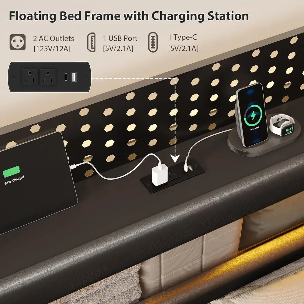 Queen Size Floating Bed Frame with Storage and LED Headboard Platform Bed with Metal Construction